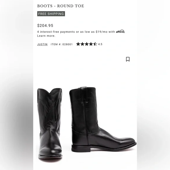 Justin Boots Black men’s classic roper black Leather Cowboy Boots - Picture 5 of 5